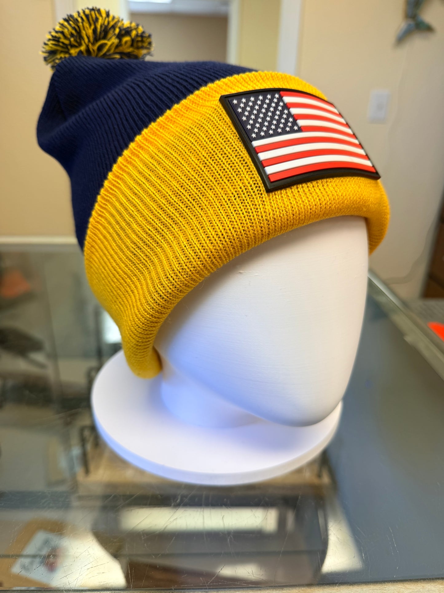 Sportsman 12" Pom-Pom Cuffed Beanie with American Flag Patch - SP15