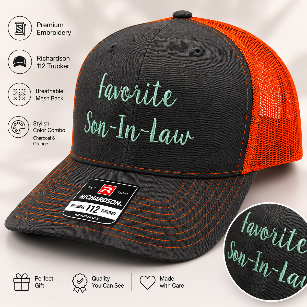 Favorite Son-In-Law Richardson 112 Trucker Hat – Charcoal/Orange